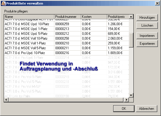 Screen Produklistenbearbeitung